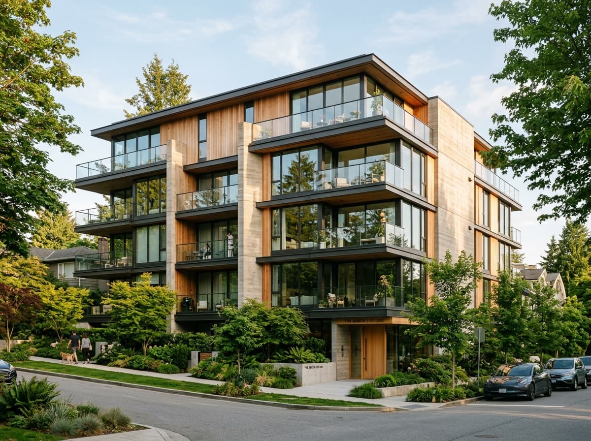 Cedar Lane Residences modern multi-family residential building exterior with timber accents and balconies