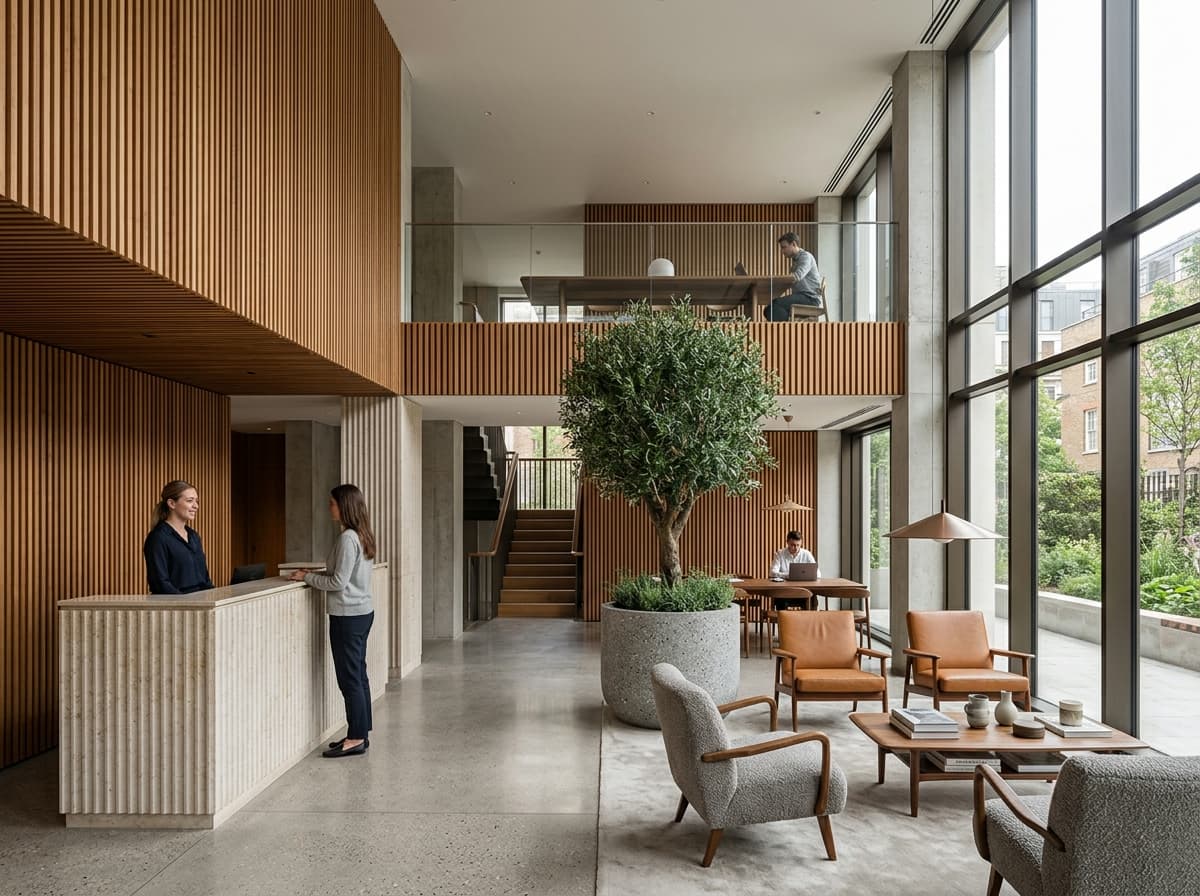Double-height cedar slat residential lobby and resident co-working lounge