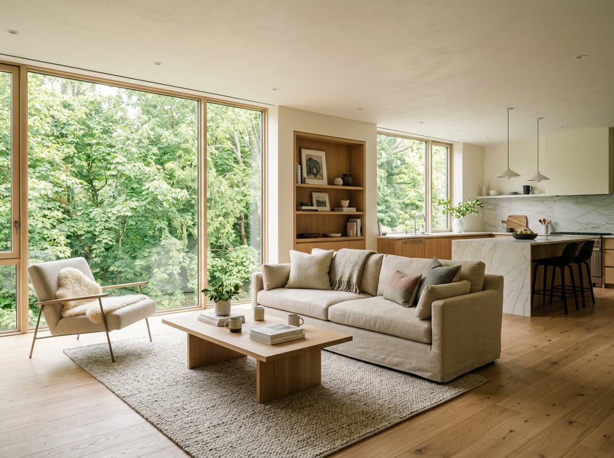 Sunlit residential living room interior with oak floors and modern kitchen island