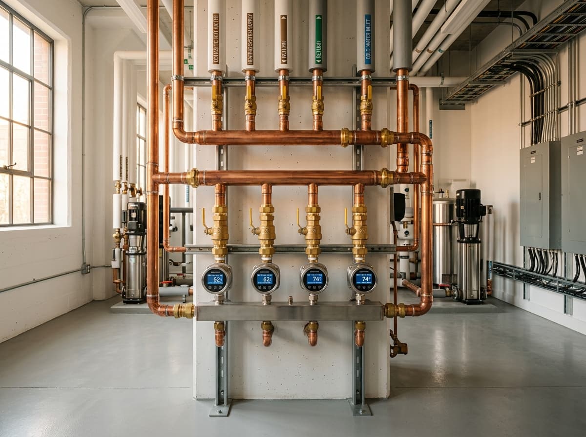 Mechanical room with copper pipes, manifolds, and digital smart gauges